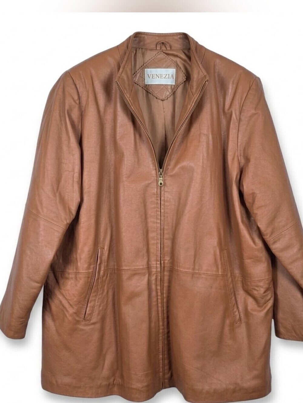 Vintage Venezia Leather Jacket Camel Brown Quilted Zip Up Retro Coat Sz. 18W